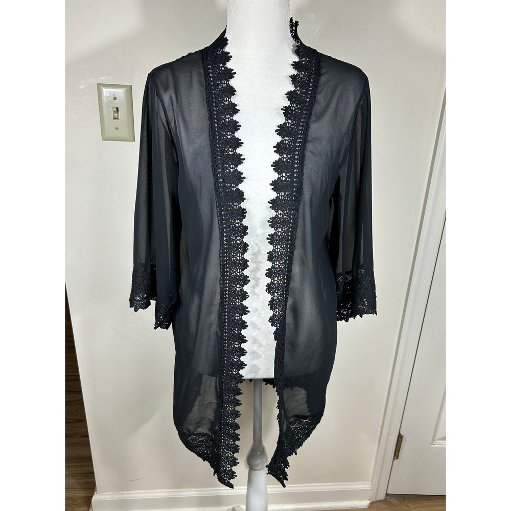 Aibrou Sheer Chiffon Cardigan Womens M Black Crochet Lace‎ Trim Dark Fairycore